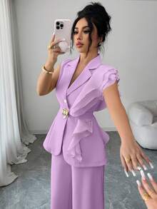 SHEIN Elenzya 女士优雅杏色奢华正式礼服套装，亮片欧根纱荷叶边领系腰西装外套套装，包括无袖外套和直筒裤，酒红色，适合万圣节、圣诞节、新年派对、毕业典礼、婚礼和其他场合。 - 紫色 - 查看 4