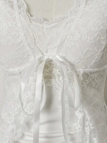 SHEIN DivaQ Women's Sexy Contrast Lace V-Neck Lace Trim Blouse - White - View 7