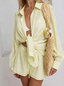 Sunnyshic Women's Spring/Summer Casual Linen Blend Loose Fit Button-Up Shirt & Low-Waist Shorts 2-Piece Set - Light Yellow - View 5