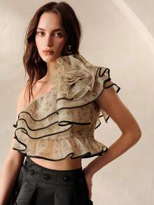 Aveloria Rosie European And American Style Spring/Summer New Fashionable Versatile Organza Printed 3D Floral Decor Asymmetric Shoulder Women Top - Multicolor - View 3