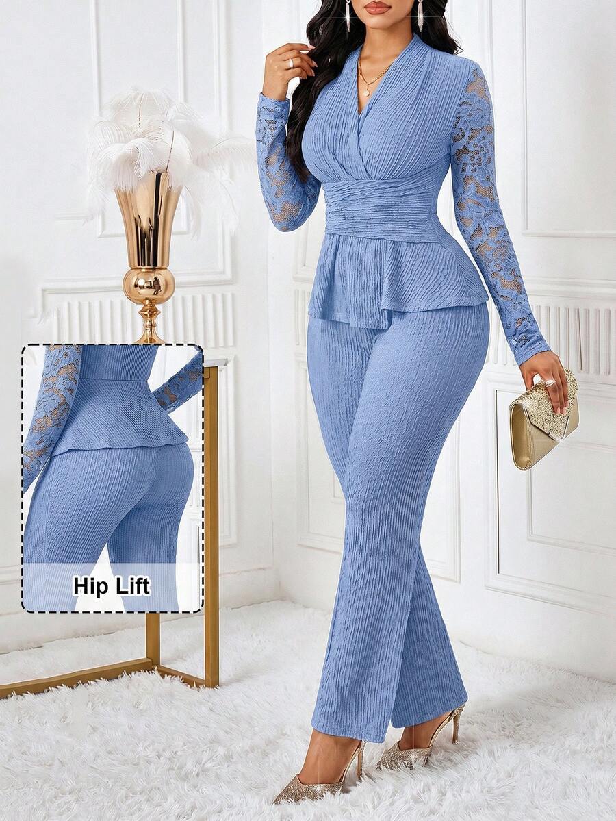 SHEIN Lady 大尺碼女款蕾絲拼接百褶長袖上衣與長褲休閒優雅日常兩件套 適合約會正式場合 灰藍色 夏季 - 淺藍色 - 查看 1