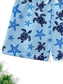 Tween Boy Navy Blue Summer Casual Beach Shorts,Turtle & Starfish Graphic Print,Loose Fit,Cool Style,Classic Color Blocking,Vacation Holiday Swimming - Multicolor - View 6