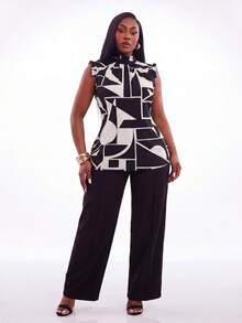 Radiana Plus Size Women's Spring And Summer Sexy Black And White Printed Fabric Ruffled Neckline And Cuffs Decorated Sleeveless Shirt, Suitable For Early Spring, Spring And Summer, Rainforest, Beach Party, Seaside Vacation, Bonfire Party, Cool And Light, Slim Fit, Comfortable To Wear, Easy To Match&Looks Slim, Accent Your Body, Flatter The Figure - Black and White - View 8