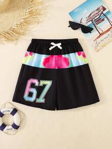 SHEIN (Random 4pcs, 1pc Sent) Boys' Casual Korean Style Comfortable Colorful 67 Number Print Loose Patchwork Slim Fit Beach Shorts, With Lining - Multicolor - View 4
