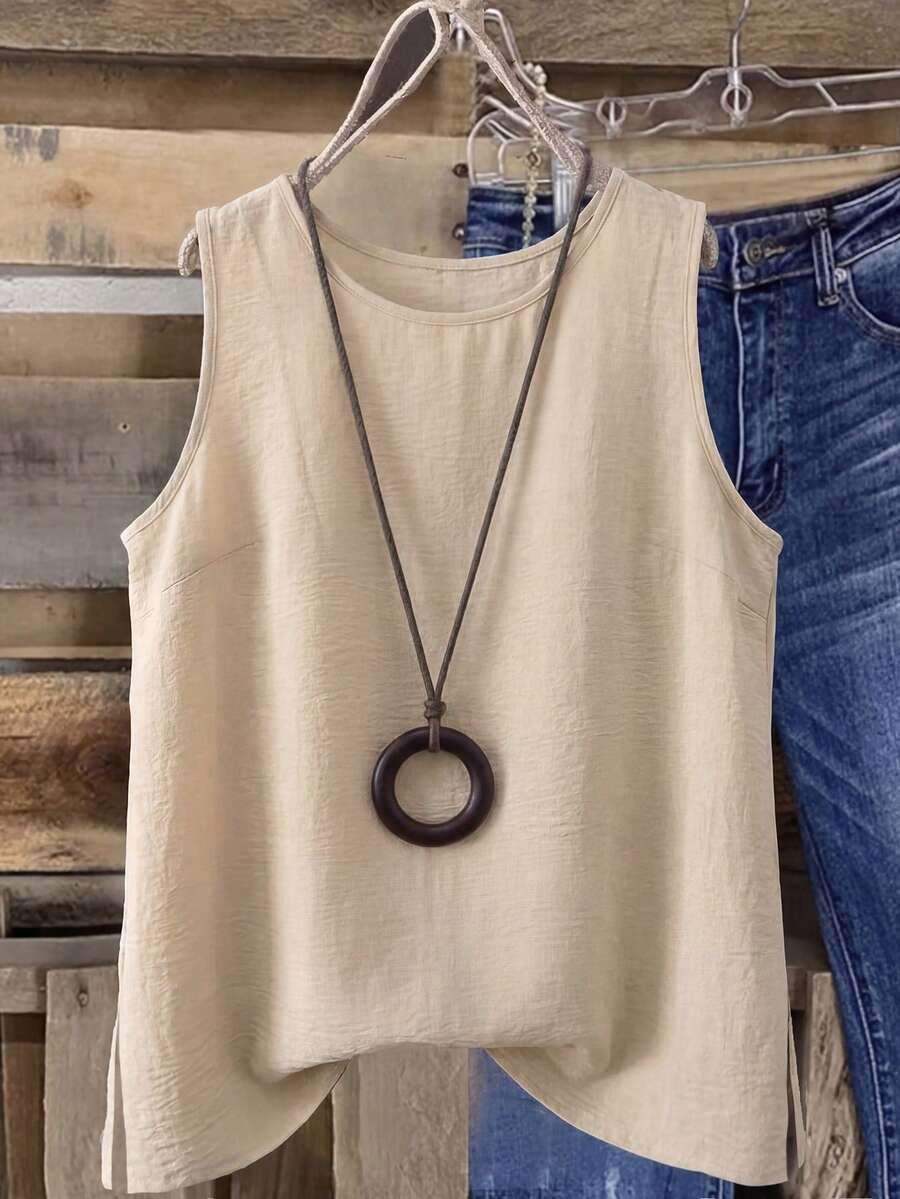 Linhara Plus Size Sleeveless Loose Casual Summer Tank Top - Beige - View 1