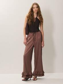Women's Drawstring Waist Striped Casual Versatile Daily Wear Pants - Clay Red - View 4