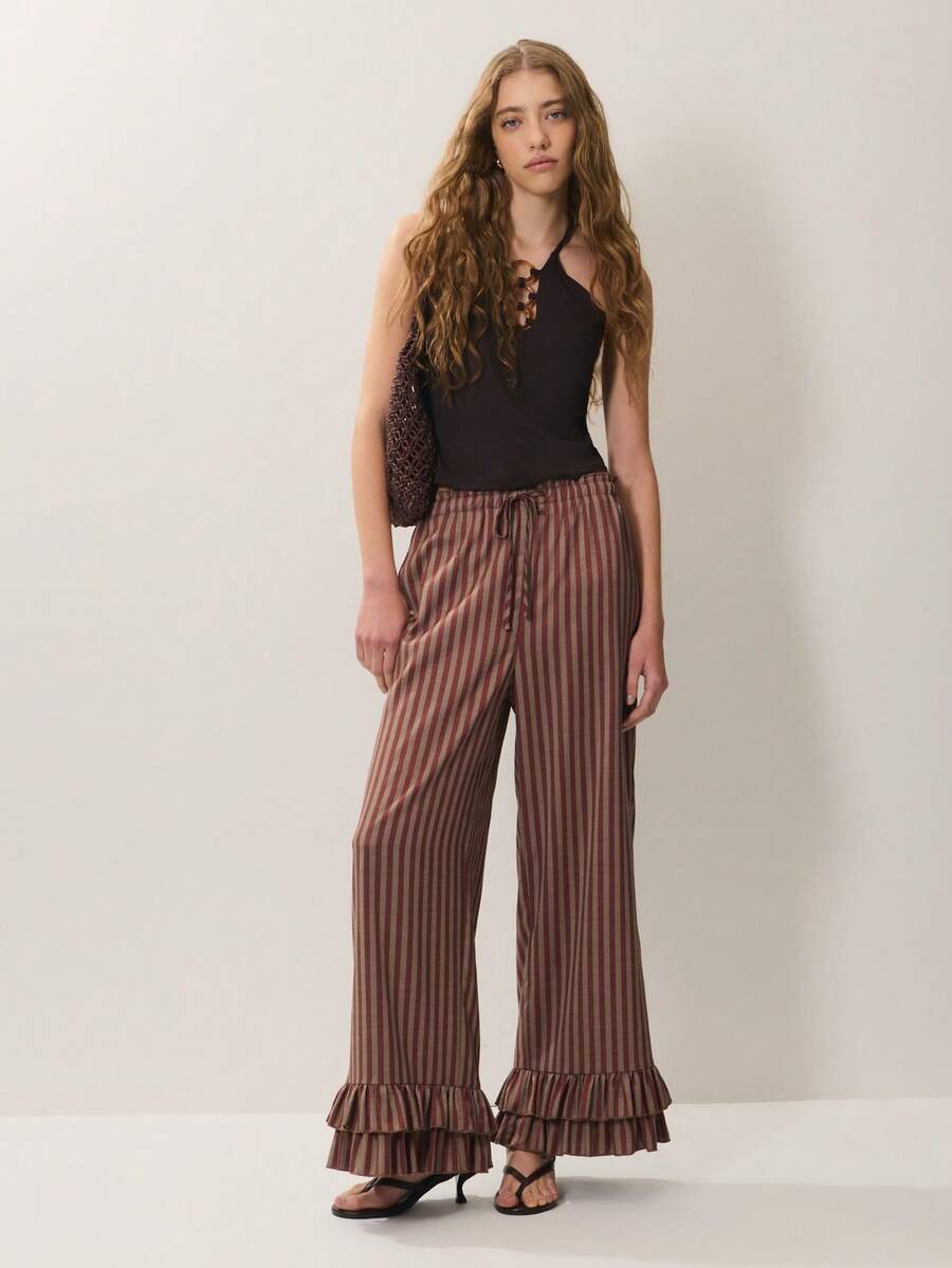 Women's Drawstring Waist Striped Casual Versatile Daily Wear Pants - Clay Red - View 1