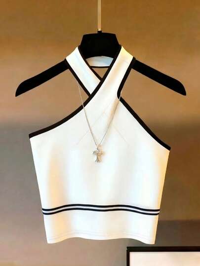 Franclia Áo tank top cổ yếm nữ, màu trắng viền đen. Thích hợp cho kỳ nghỉ biển, đồ lót dễ thương và thanh lịch, phù hợp cho mùa thu/đông, ngày Quốc khánh, các chuyến đi chơi năm mới, trang phục công sở thanh lịch và thời trang, đa năng và sang trọng, phong cách thành thị, đồng phục giáo viên.