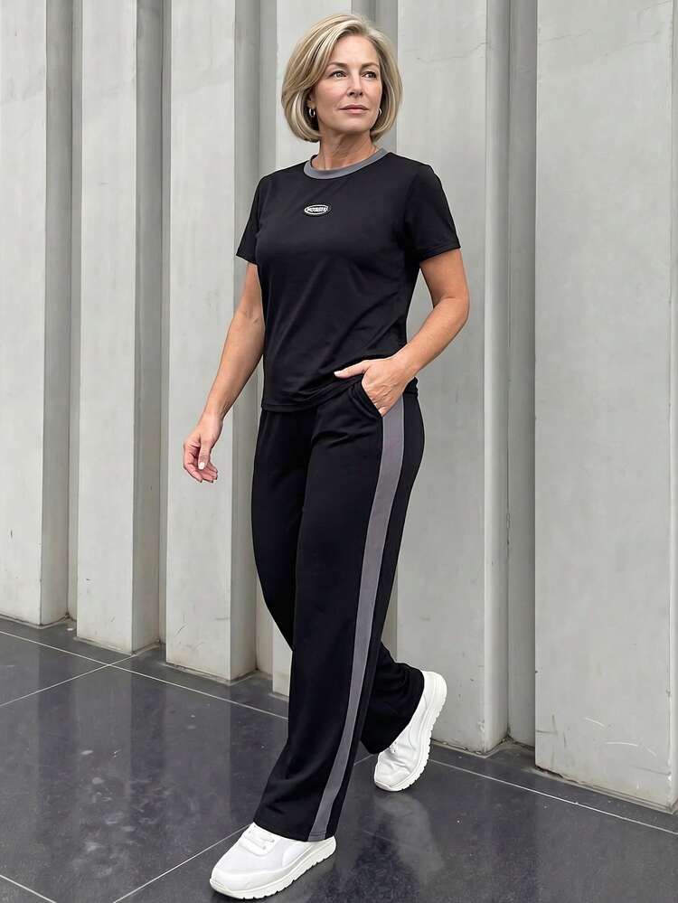 Middle-Aged & Elderly Women's Round Neck Letter Print Short Sleeve Top And Pants Casual Daily Suit