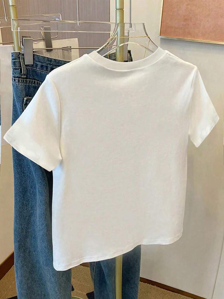 White,Summer,First Birthday Young Girl Casual Fashion Rhinestone Heart Graphic Print Denim Effect Short Sleeve Round Neck T-Shirt,Kids Fashion Tee - Multicolor - View 2