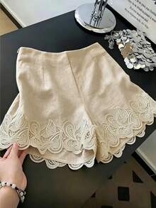 SHEIN Franclia New Apricot Lace Trim Women Shorts, Spring/Summer - Apricot - View 1