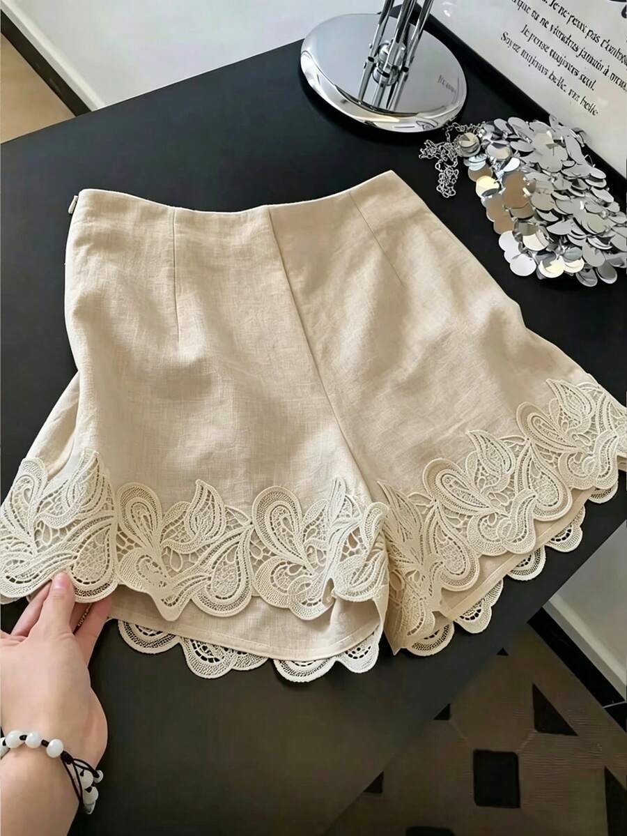 SHEIN Franclia New Apricot Lace Trim Women Shorts, Spring/Summer - Apricot - View 1