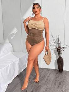 SHEIN Swim Curve 大码女士纯色吊带连体休闲泳衣，度假时尚 - 咖啡棕 - 查看 4