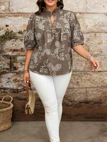 Linhara Plus Size Linen-Feel Embroidered Casual Short Sleeve Blouse For Women, Spring/Summer - Coffee Brown - View 3
