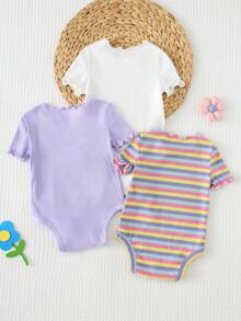 Cozy Pixies Conjunto de 3 peças para bebê menina com body de manga curta, gola redonda e estampa floral e listrada em arco-íris. - Multicolorido - Ver 2