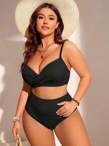 Swim Lushoire Conjunto de tankini de talla grande con tirantes de espagueti acolchados y unicolor - Negro - Ver 6