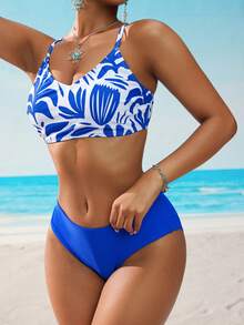SHEIN Swim 2-częściowy damski zestaw kostiumów kąpielowych, minimalistyczny styl na plażę, imprezę przy basenie, wakacje, wiosnę i lato - Niebieski - Zobacz 5