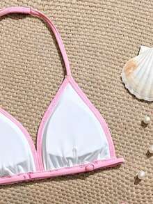 SHEIN Bộ bikini cho bé gái tuổi teen, đồ bơi hai mảnh màu hồng bằng vải dệt kim, kiểu tam giác, cổ yếm, thời trang thường ngày, thanh lịch cho bãi biển, hồ bơi, kỳ nghỉ hè. - Hồng - Xem 4