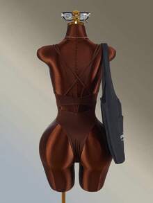 Amplova Solid Color Spaghetti Strap Sleeveless Fitted Jumpsuit, Summer Brown Going Out Workout Exercise, Fitness, Running Summer Autumn Gym Backless Sexy Daily Wear - Brown - View 2