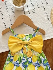 SHEIN LMoss Kids 女婴可爱休闲夏季蓝白条纹蝴蝶结系带连体衣 - 彩色 - 查看 7