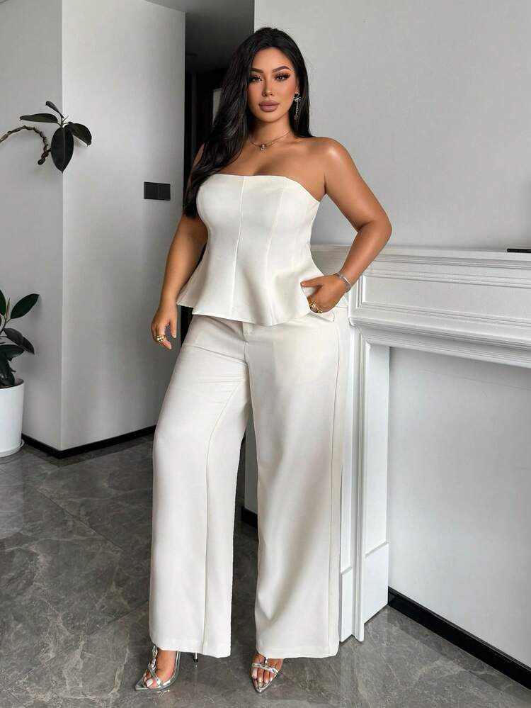 Dazy Plus 2pcs/Set Women Plus Size White Strapless Crop Top And Casual Pants, Suitable For Easter Party, Summer Holiday
