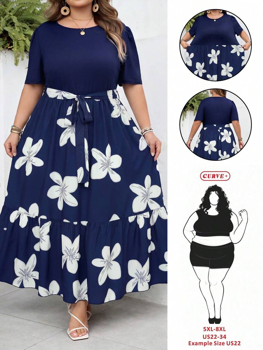 SHEIN CURVE+ Curve 尺码 US22 音乐节、海滨度假、波西米亚风夏季休闲度假印花拼接短袖连衣裙长裙 - 藏蓝色 - 查看 1