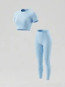 Sweetra Bộ đồ tập luyện áo thun crop top co giãn cao liền mạch và quần legging cho nữ Bộ đồ tập gym cho nữ - Màu xanh nhạt - Xem 1