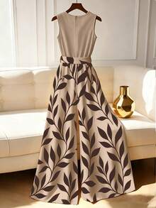 Franclia Women's Summer Casual Leaf Print Sleeveless Jumpsuit - Khaki - View 2