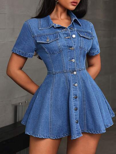 SHEIN Tall CURVE Plus Size Summer Casual Front Button Flap Pocket Waist Cinched Short Sleeve Denim Dress