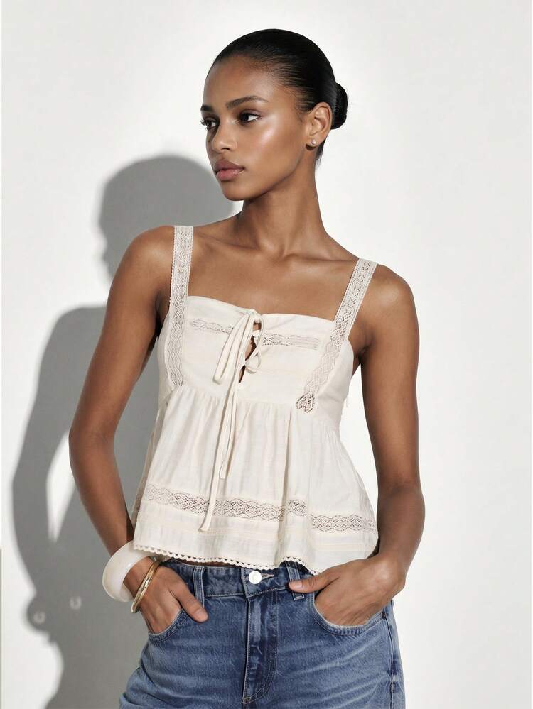 KSTM Boho Peasant Square Neck Lace Trim Camisole Top With Adjustable Ties Summer Festival Casual White Tank