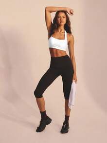 Aralina Leisurewear Active Wide Strap Halter Spring Summer Crop Racer Back Exercise Top Black - White - View 6