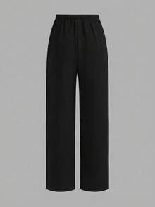 SHEIN 少女休闲纹理腰部蝴蝶结装饰黑色裤子 - 黑色 - 查看 2