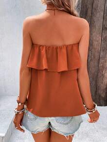 Breezaya Women's Solid Color Ruffle Hem Bandeau Top For Vacation - Orange - View 2