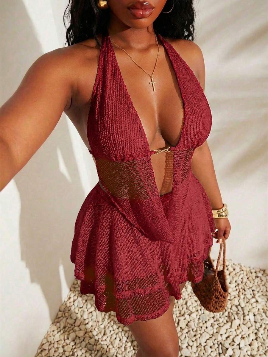 SHEIN SXY Plus Size Draped Neck Backless Top And Skirt 2 Pieces Set, Red Beach Vacation Summer Sexy - Burgundy - View 1