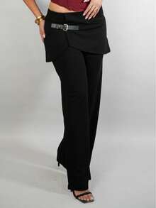 Dania Mndz Shop Women's 2 In 1 Pants, Leather Buckle Decor, Black Straight-Leg Trousers, Back To School,Black Dress Pants,Fall Pants - Black - View 6
