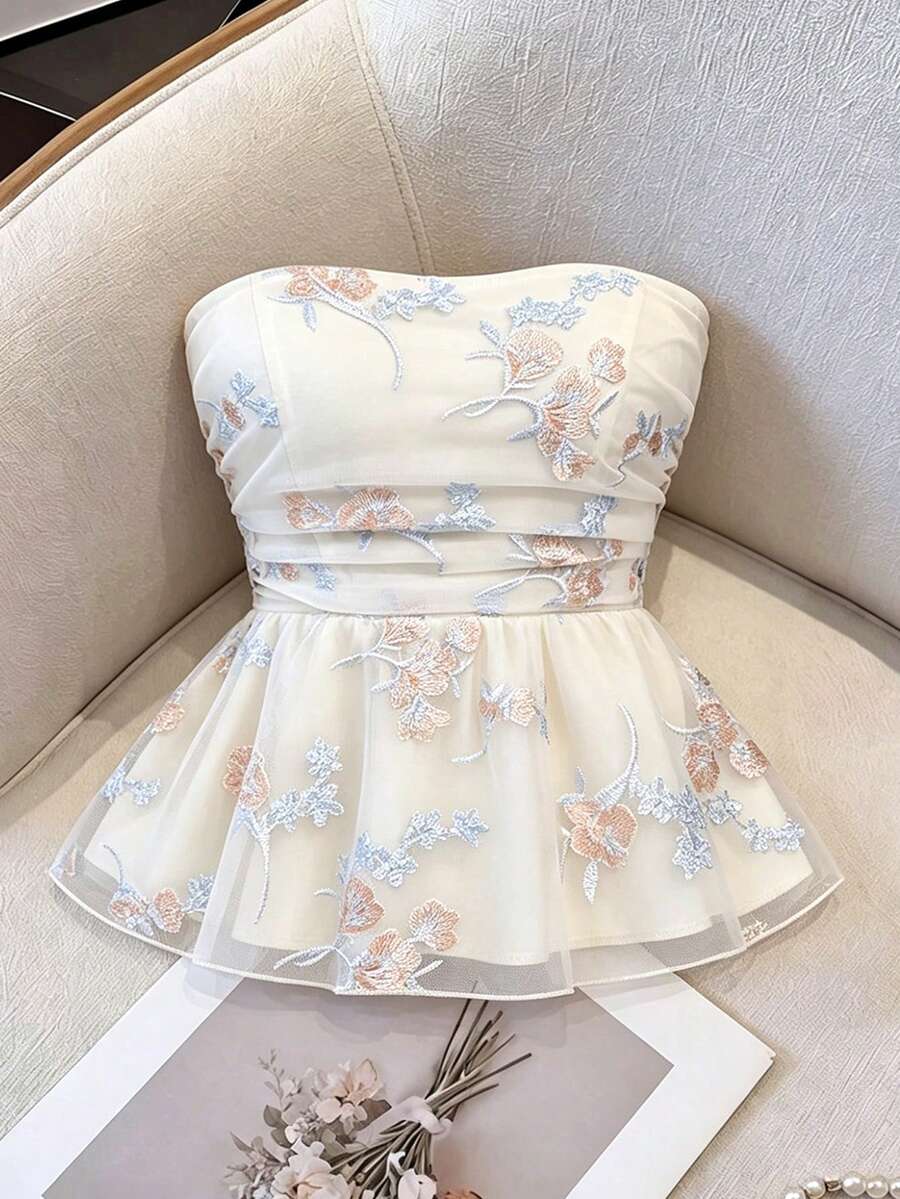 Qadelle Floral Embroidered Fabric Ruched Waist A-Line Camisole Top For Women, Romantic Vacation Style