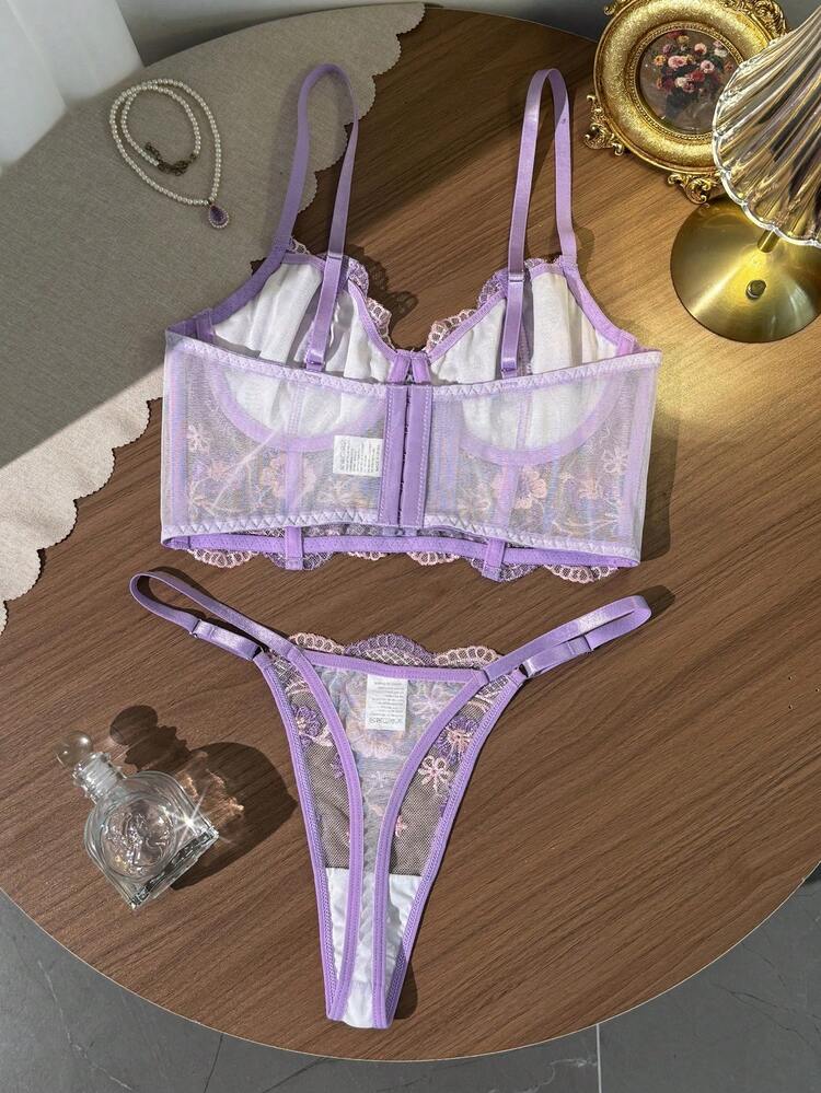 SHEIN 2件套女士白色浪漫长款文胸内衣套装 - 淡紫色 - 查看 2