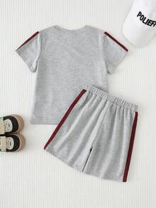 Cozy Pixies 2pcs/Set Young Boy Solid Color Knit Soft Round Neck Short Sleeve Top And Elastic Waist Shorts - Grey - View 2