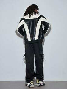 Men Two Tone Zip Up PU Leather Jacket - Black and White - View 2
