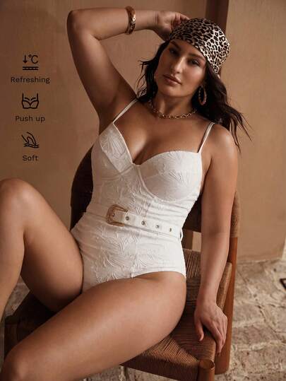 MOTF PREMIUM MAIÔ PARA MULHERES PLUS SIZE COM TECIDO TEXTURIZADO DE MALHA ELEGANTE E DE ALTA ELASTICIDADE, FUNÇÃO PUSH-UP COM ARAME, DECORAÇÃO DE CINTO METÁLICO, ADEQUADO PARA PRAIA