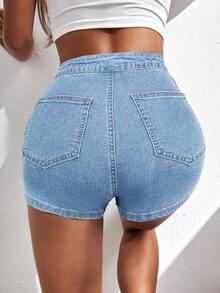 SHEIN ICON Women's Fashionable Versatile Button & Zipper Casual Denim Shorts - Light Wash - View 2