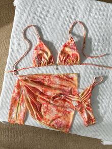 Fembélia Women's Random Print Halter Metal Decor Mini Skirt 3-Piece Bikini Set, Spring/Summer - Multicolor - View 4