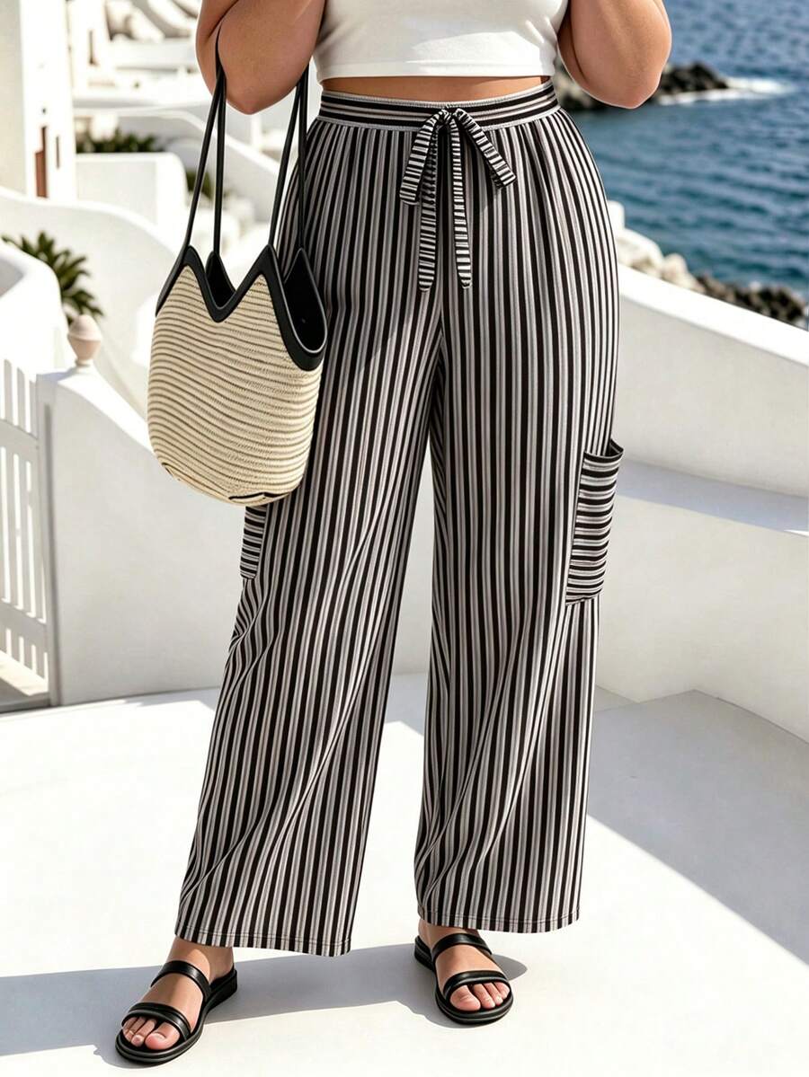 EMERY ROSE Plus Size Women Casual Boho Brown Stripe Pants, Suitable For Daily Commute Gym In Autumn Holiday Vacation - Multicolor - View 1