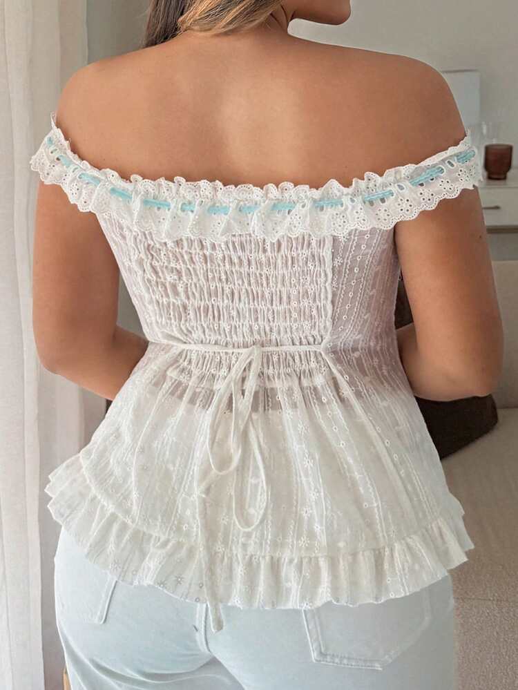 Dazy Plus Lace-Up Off-Shoulder Ruffle Hem Fitted Sexy Pure White Blouse For Plus Size Women, Spring/Summer