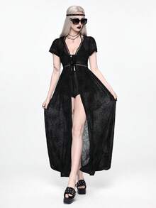 ROMWE Áo khoác cardigan voan mỏng họa tiết mạng nhện phong cách Gothic cho kỳ nghỉ xuân/hè trên bãi biển - màu đen - Xem 5