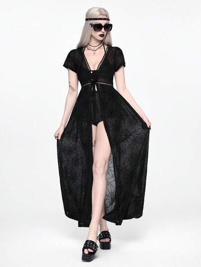 ROMWE Áo khoác cardigan voan mỏng họa tiết mạng nhện phong cách Gothic cho kỳ nghỉ xuân/hè trên bãi biển