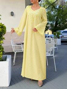 Al Najma Sequin Digital Print Long Sleeve Loose Fashion Elegant Pink Dress For Women - Yellow - View 5