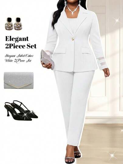 Fleurora Traje de chaqueta y pantalón casual de talla grande para mujer con botones, encaje y mangas transparentes