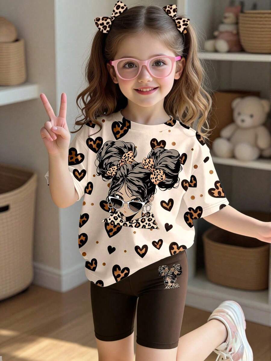 Young Girls Summer Casual Fashion Leopard Print Heart Cartoon Girl Pattern T-Shirt And Bike Shorts Set,Refreshing Cute Basic Daily Wear Cozy Outfits - Multicolor - View 1