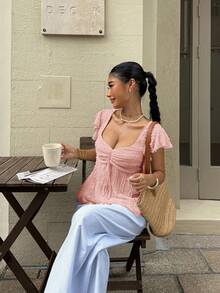 Serisse 女士纯色荷叶边上衣，扭纹前褶T恤，波西米亚风，可爱夏季衬衫 - 粉色 - 查看 5